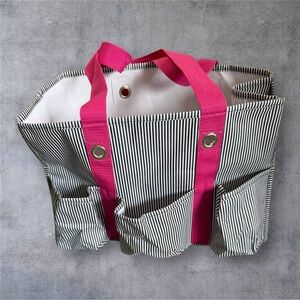 Thirty-One Organizing Utility Tote - Black & White Stripe Pattern w/Pink Straps
